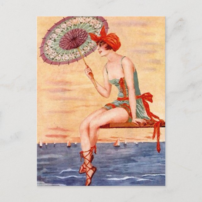 Beach Flapper Girl Postcard Swim Umbrella Cloche (Front)