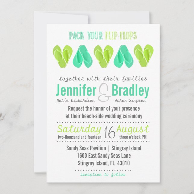 Beach Flip Flop Hearts Wedding Invitation Teal (Front)