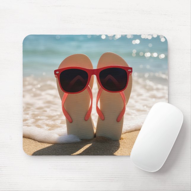 Beach Flip-flops with Red Sunglasses Mouse Mat (With Mouse)