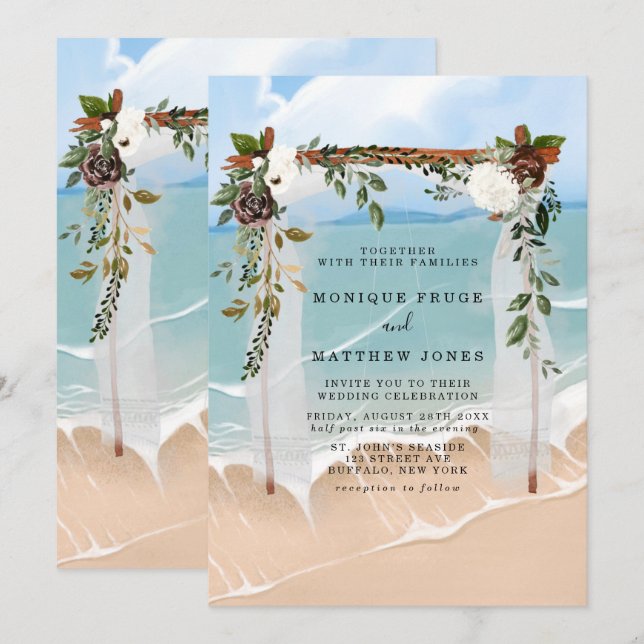 Beach Floral Canopy Tropical Modern Wedding Invitation (Front/Back)