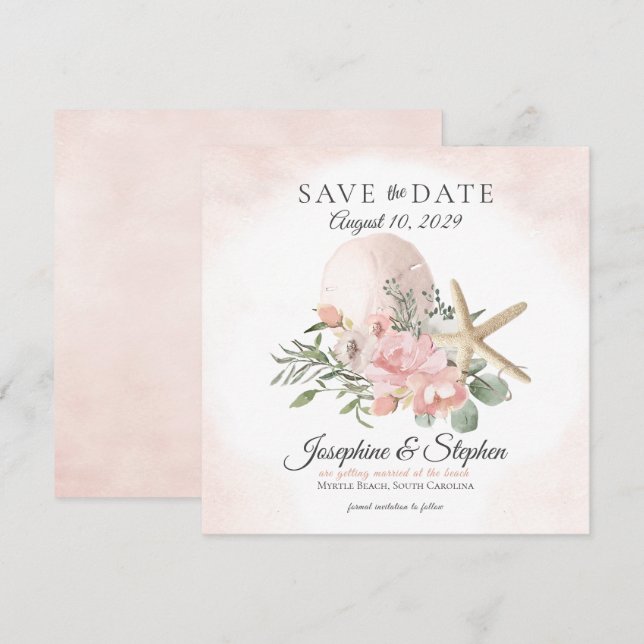 Beach Floral Sand Dollar Starfish Save the Date (Front/Back)