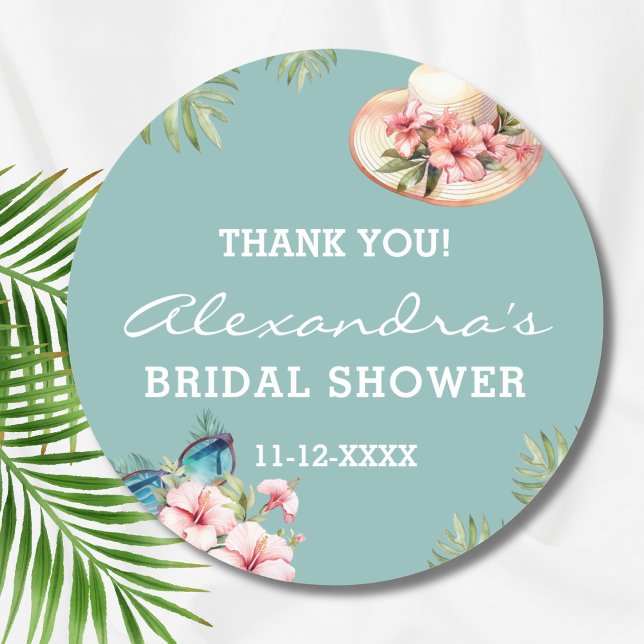 Beach Flower Blue Tropical Bridal Shower Thank You Classic Round Sticker (Creator Uploaded)