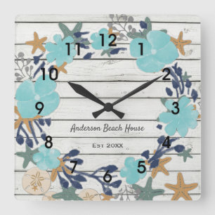 Beach Flowers and Starfish Rustic Square Wall Clock