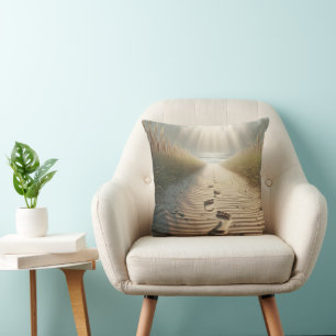 Beach Footprints In Sand With Sunbeams Cushion