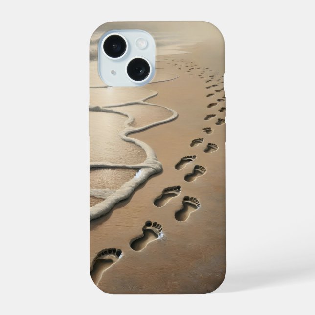Beach Footprints With Ocean Froth iPhone 15 Case (Back)