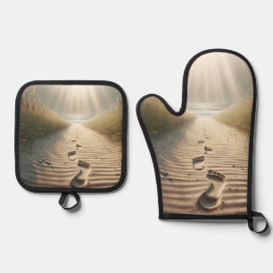 Beach Footprints With Sunbeams Oven Mitt & Pot Holder Set