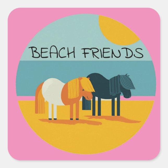 Beach Friends Pony Personalise Name Square Sticker (Front)