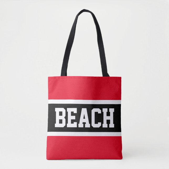 BEACH Fun Athletic Bright Red Black White Stripes Tote Bag (Front)