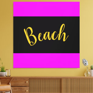 BEACH Fun Bold Bright Tropical Pink Black Stripes Canvas Print