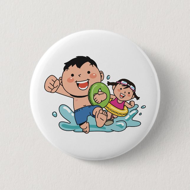 Beach Fun, boy and girl swimming at the beach, 6 Cm Round Badge (Front)