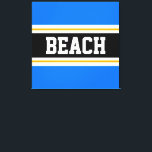 BEACH Fun Bright Blue Black White Yellow Stripes Canvas Print<br><div class="desc">This colourful sporty design features bold BEACH text inside a wide black horizontal centre stripe with white and golden yellow racing stripes against bright blue outer stripes.   The text can be personalised.</div>