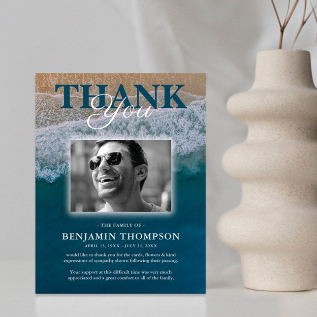 Beach Funeral Memorial Photo Thank You Card (Creator Uploaded)