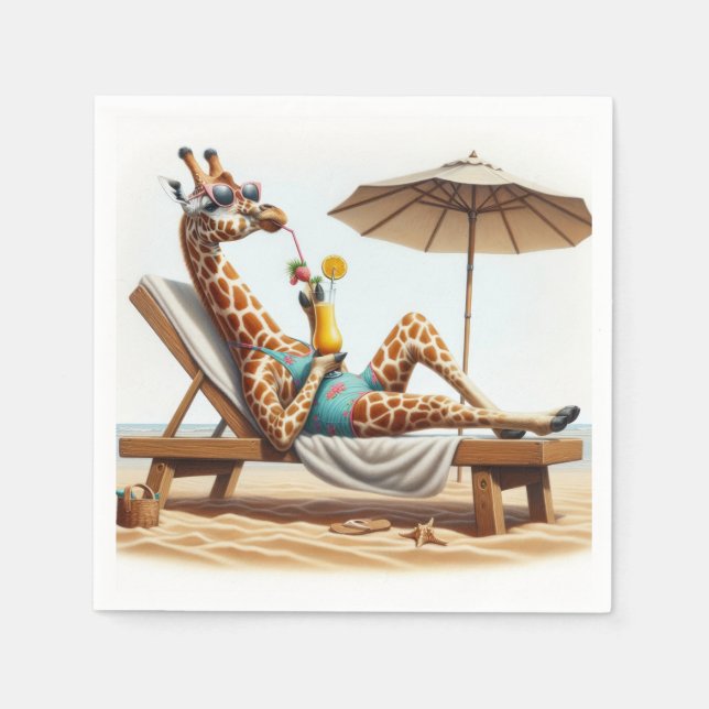 Beach Giraffe Drinking A Cocktail Napkin (Front)