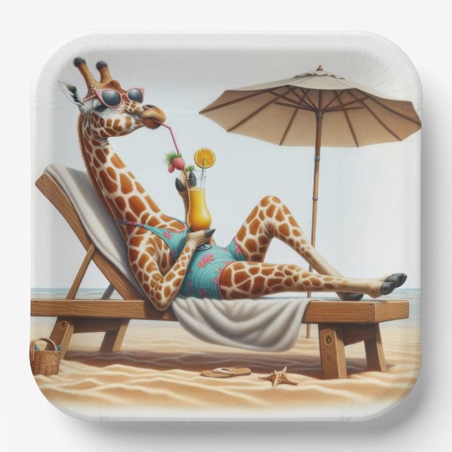 Beach Giraffe Drinking A Cocktail Paper Plate (Front)