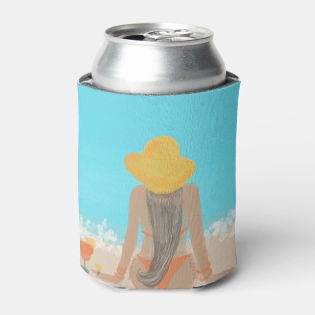 Beach Girl Long Hair Bridal Shower Party Can Cooler (Can Front)