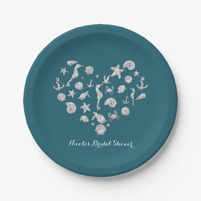 Beach Glam Diamond Heart Bridal Shower Wedding Paper Plate (Front)