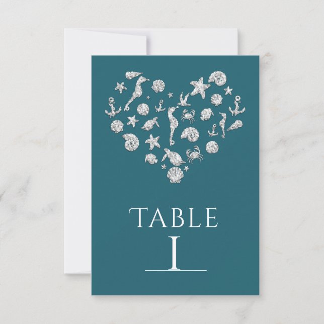Beach Glam Diamond Heart Elegant Table Number Card (Front)