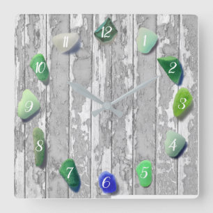 Beach Glass Coastal Decor Driftwood Gray Green Square Wall Clock