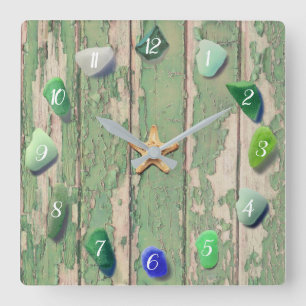 Beach Glass Coastal Decor Driftwood Green Grey Square Wall Clock