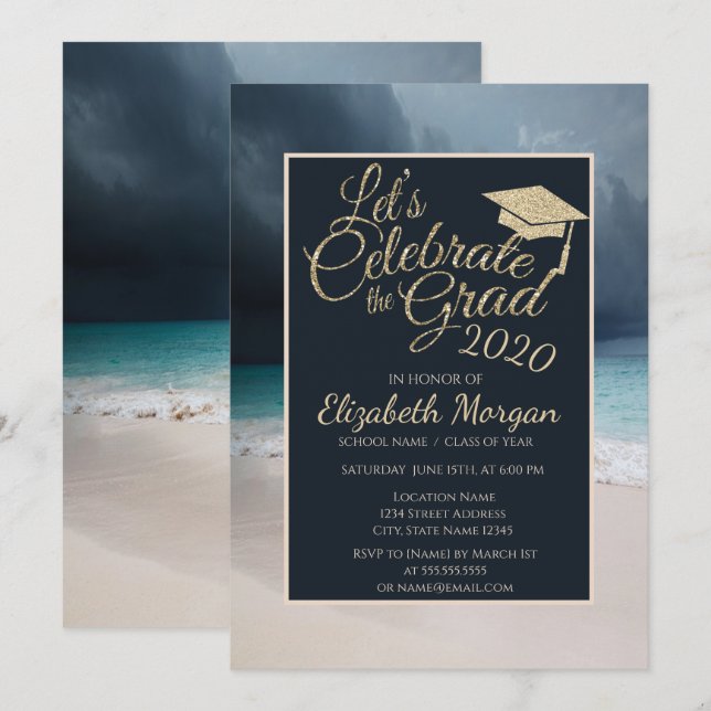 Beach Glitter Graduation Cap Graduation Invitation (Front/Back)