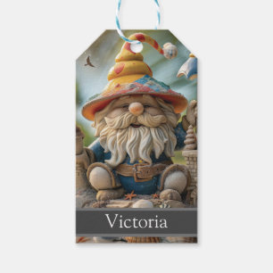 Beach gnome sitting on a beach throne gift tags