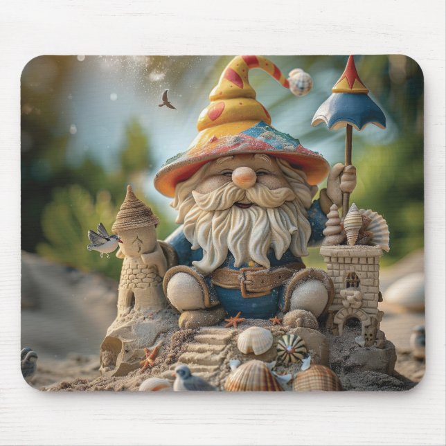 Beach gnome sitting on a beach throne mouse mat (Front)