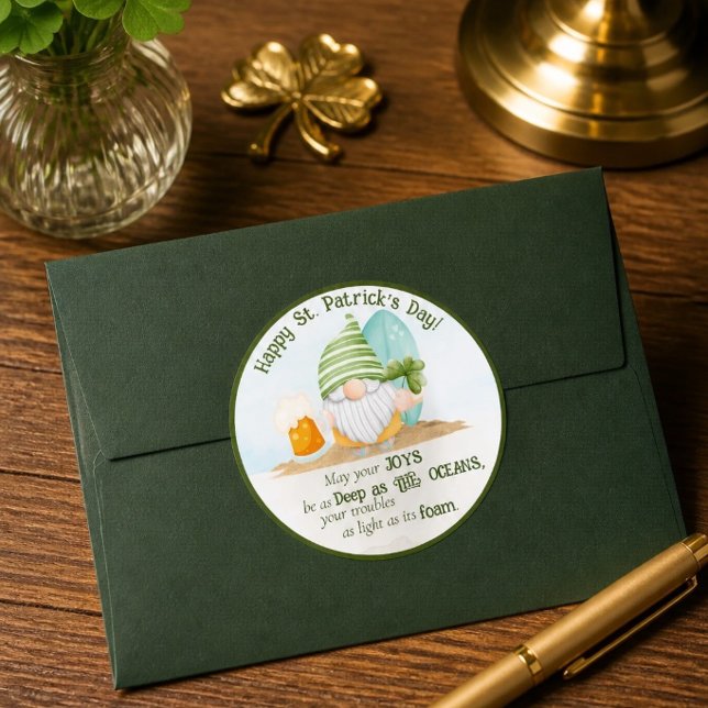 Beach Gnome St Patrick's Day Classic Round Sticker (Creator Uploaded)