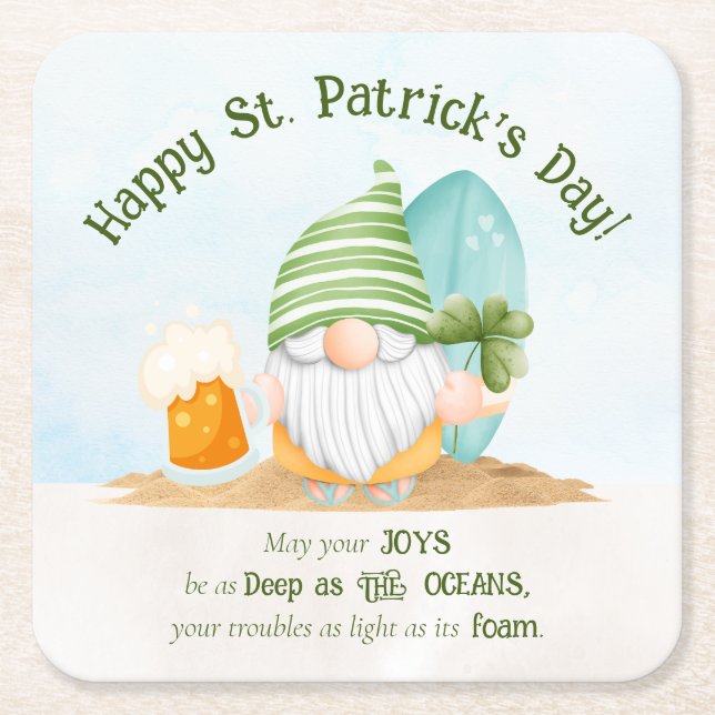 Beach Gnome St Patrick's Day Paper Coaster (Front)