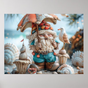 Beach gnome with an umbrella poster