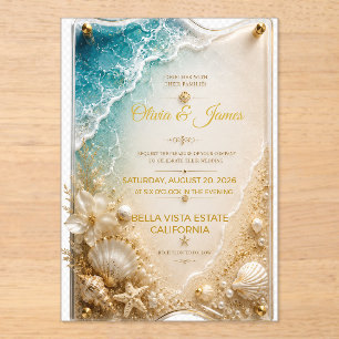 Beach Gold Acrylic Wedding Invitation Ocean Shells