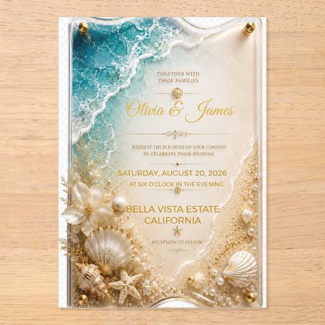 Beach Gold Acrylic Wedding Invitation Ocean Shells (Front)