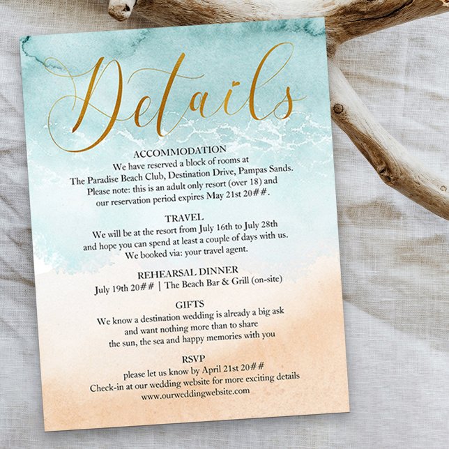 Beach Gold Calligraphy Destination Wedding Details Enclosure Card (Creator Uploaded)
