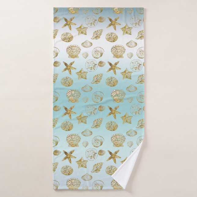 Beach Gold Sea Shells Aqua Blue Ombre  Bath Towel (Bath Towel)
