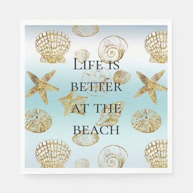 Beach Gold Sea Shells Aqua Blue Ombre    Napkin (Front)