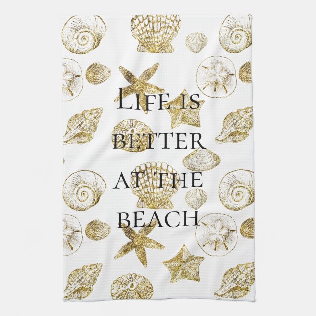 Beach Gold Sea Shells Tea Towel (Vertical)