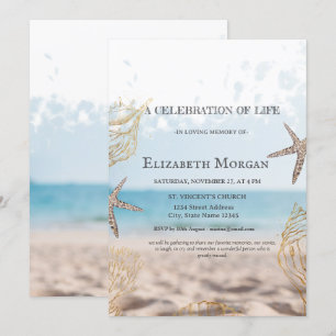 Beach Gold Seashells Celebration Of Life Invitation