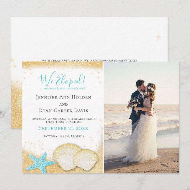 Beach Gold Sparkle We Eloped with Photo Wedding Invitation (Front/Back)