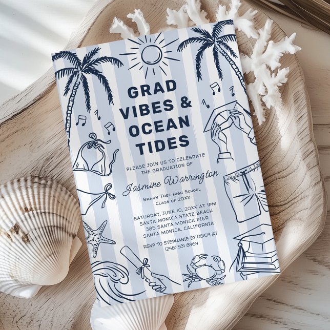 Beach Grad Vibes Doodle Graduation Invitation (Creator Uploaded)