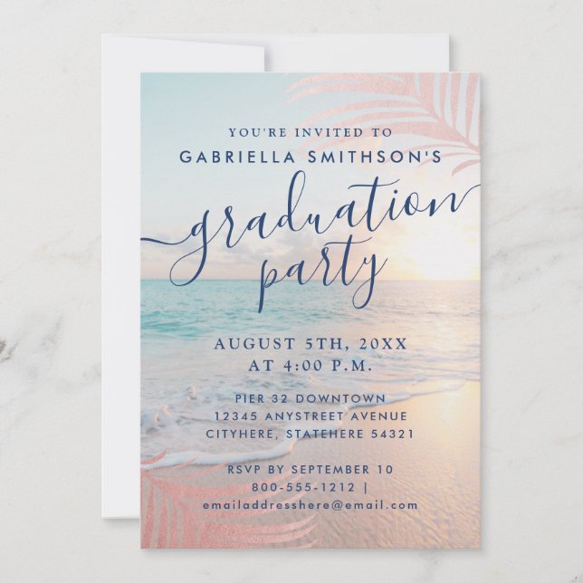 Beach Graduation Party Tropical Pink Palm Leaf Invitation (Front)
