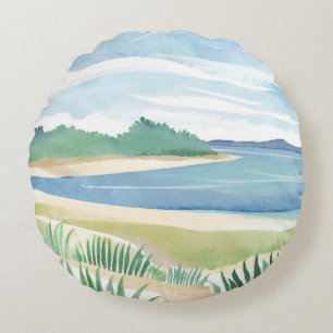 Beach Grass Bay Watercolor Ocean Coastal Sea Round Cushion