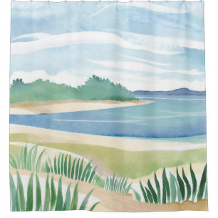 Beach Grass Bay Watercolor Ocean Coastal Sea Shower Curtain