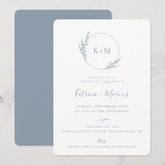 Beach Grass Monogram Dusty Blue Engagement Party Invitation (Front/Back)