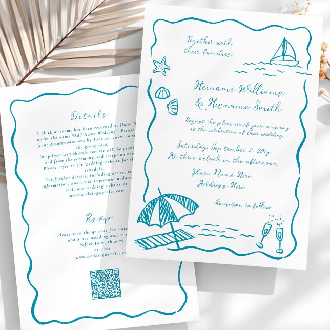 Beach Hand Drawn QR RSVP All-In-One Wedding Invitation (Creator Uploaded)