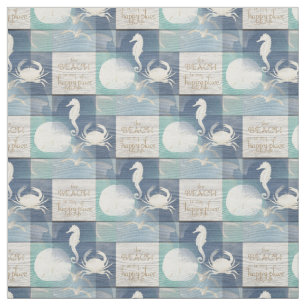 Beach Happy Place Blue Aqua Old Wood Sea Fabric