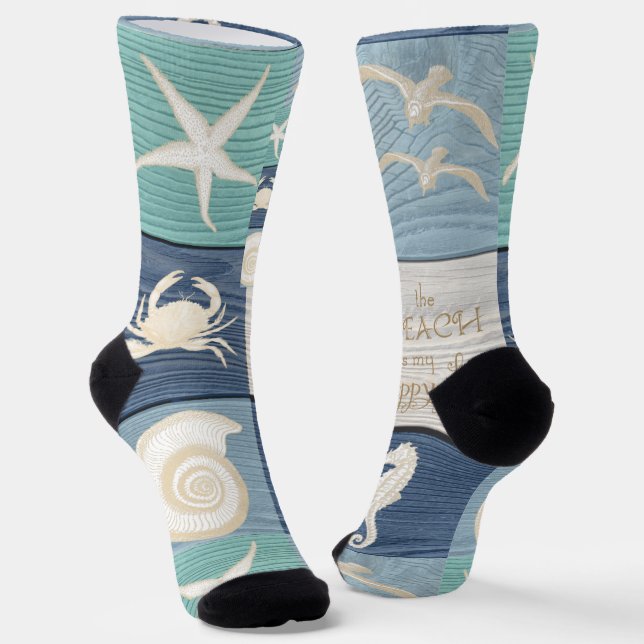 Beach Happy Place Blue Aqua Old Wood Sea Socks (Angled)