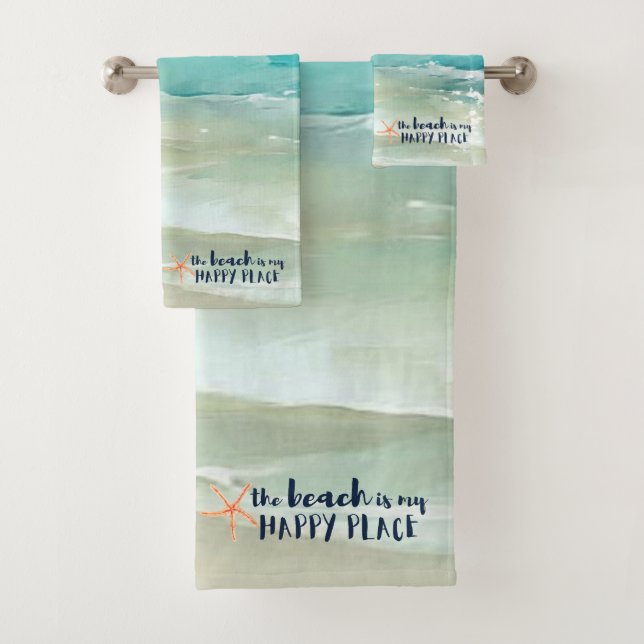 Beach Happy Place Starfish Ocean Waves Coastal Bath Towel Set (Insitu)