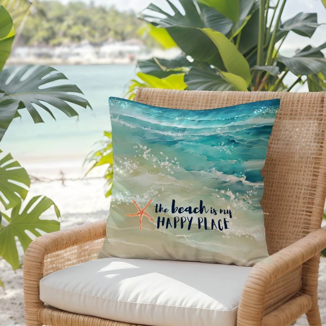 Beach Happy Place Watercolor Ocean Waves Coastal Cushion (Creator Uploaded)