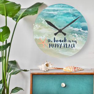 Beach Happy Place Watercolor Ocean Waves Coastal  Round Clock
