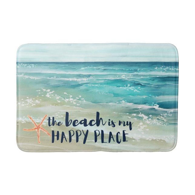 Beach Happy Place Watercolor Waves Coastal Bath Mat (Front)