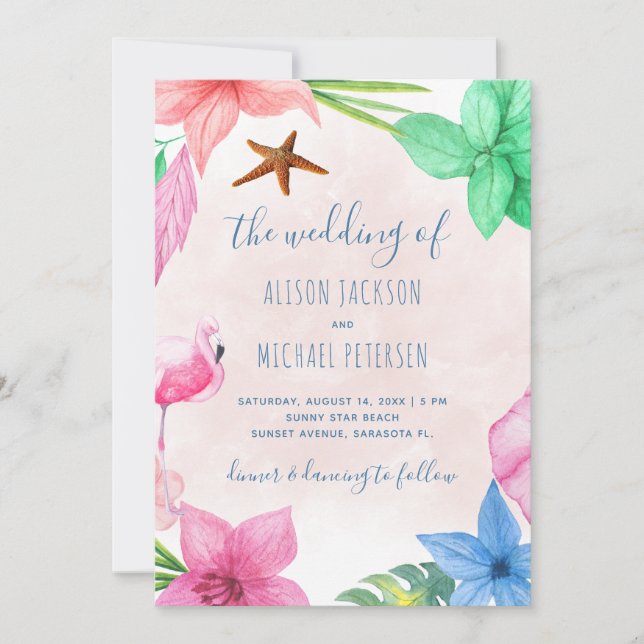 Beach Hawaiian tropical floral wreath wedding Invitation (Front)